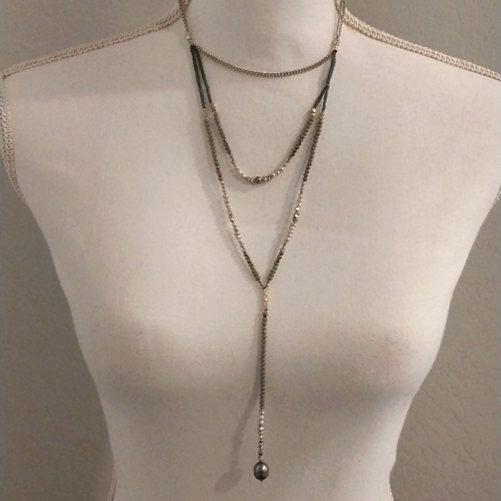 Beautiful laboradite pearl and crystal lariat long necklace new